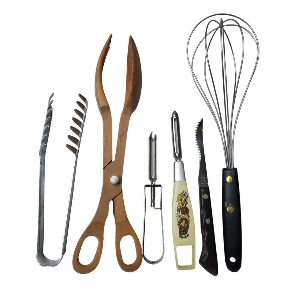 Vintage Kitchen Tool Lot Mushroom Peeler Wooden Salad Tongs Japan Pasta Serve A6